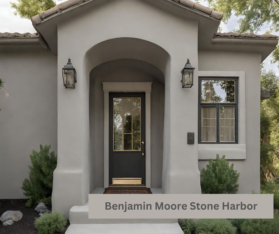 Image of Stucco Home Painted With Benjamin Moore Stone Harbor