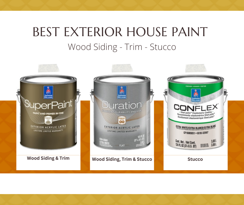 Photos of paint cans show what products Trico Painting uses for their exterior painting projects